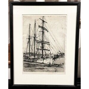 Original Earl Horter Etching Print Old Barkentine Ship Nautical Art Philadelphia